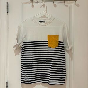 White and Navy Striped Tee with Yellow Pocket